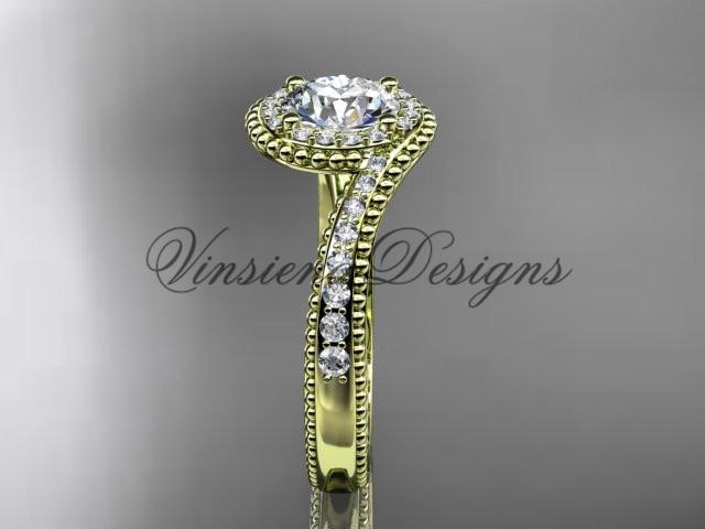 14k yellow gold halo diamond engagement ring, "Forever One" Moissanite ADLR379