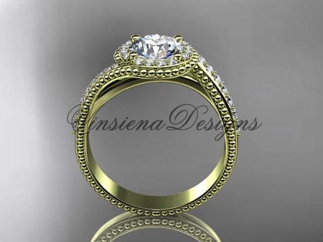 14k yellow gold halo diamond engagement ring, "Forever One" Moissanite ADLR379