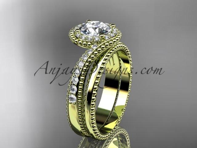 14kt yellow gold halo diamond engagement set with a "Forever One" Moissanite center stone ADLR379S - AnjaysDesigns