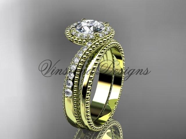 14kt yellow gold halo diamond engagement ring set, Moissanite ADLR379S