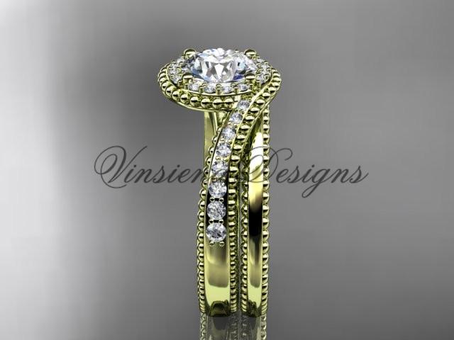 14kt yellow gold halo diamond engagement ring set, Moissanite ADLR379S