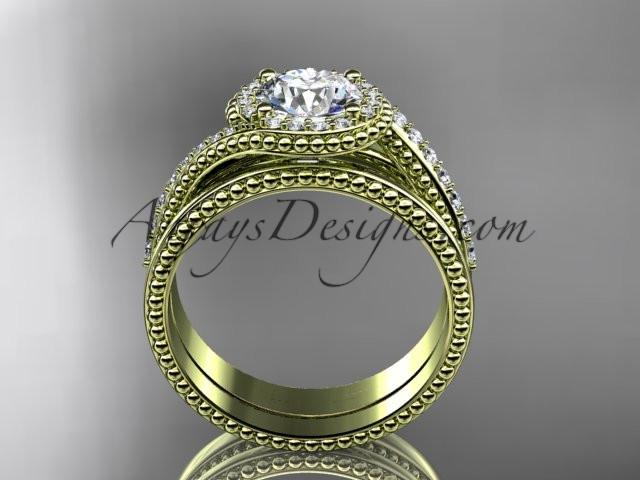 14kt yellow gold halo diamond engagement set with a "Forever One" Moissanite center stone ADLR379S - AnjaysDesigns