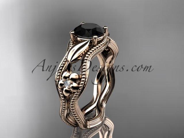 14k rose gold leaf and flower diamond unique engagement ring with a Black Diamond center stone ADLR382 - AnjaysDesigns