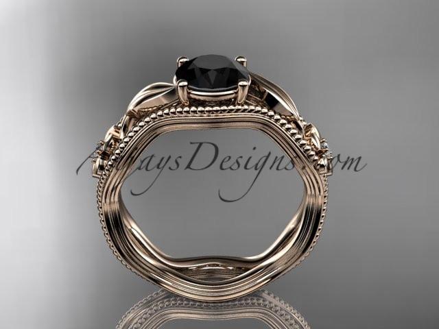 14k rose gold leaf and flower diamond unique engagement ring with a Black Diamond center stone ADLR382 - AnjaysDesigns