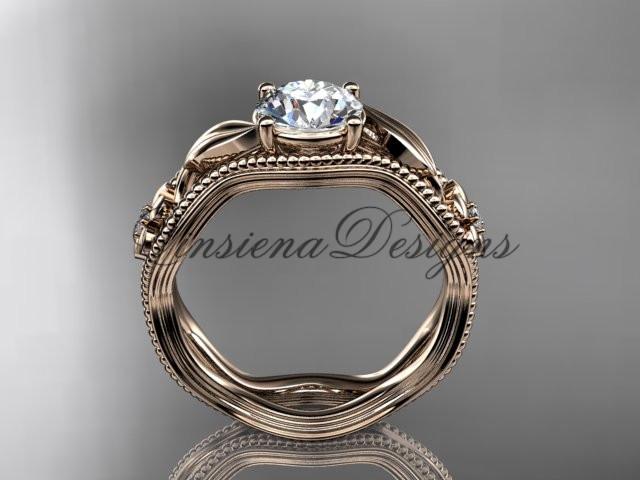 14k rose gold leaf and flower diamond unique engagement ring ADLR382
