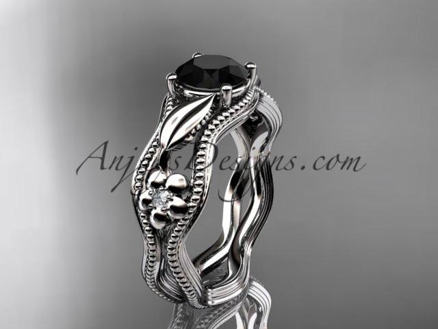 platinum leaf and flower diamond unique engagement ring with a Black Diamond center stone ADLR382 - AnjaysDesigns