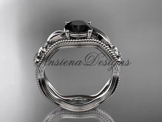 14k white gold flower diamond engagement ring, Enhanced Black Diamond ADLR382