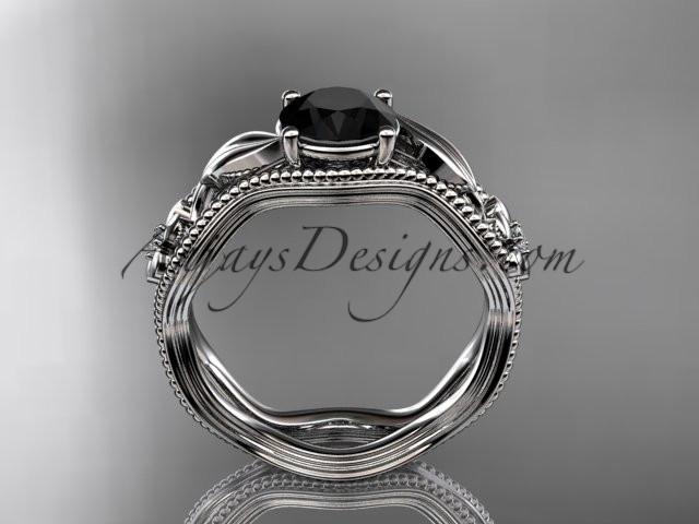 platinum leaf and flower diamond unique engagement ring with a Black Diamond center stone ADLR382 - AnjaysDesigns
