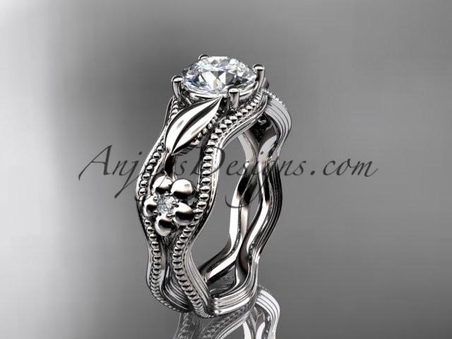 platinum leaf and flower diamond unique engagement ring with a "Forever One" Moissanite center stone ADLR382 - AnjaysDesigns