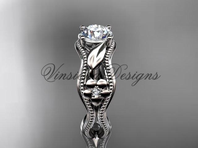 14k white gold leaf and flower diamond unique engagement ring Moissanite ADLR382