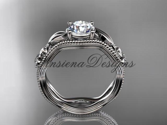 14k white gold leaf and flower diamond unique engagement ring Moissanite ADLR382