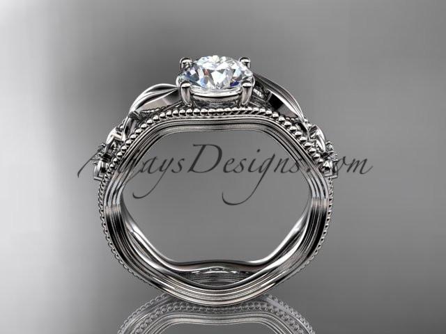 14k white gold leaf and flower diamond unique engagement ring with a "Forever One" Moissanite center stone ADLR382 - AnjaysDesigns