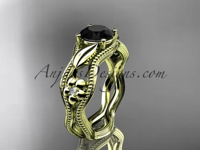 14k yellow gold leaf and flower diamond unique engagement ring with a Black Diamond center stone ADLR382 - AnjaysDesigns