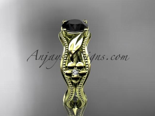 14k yellow gold leaf and flower diamond unique engagement ring with a Black Diamond center stone ADLR382 - AnjaysDesigns