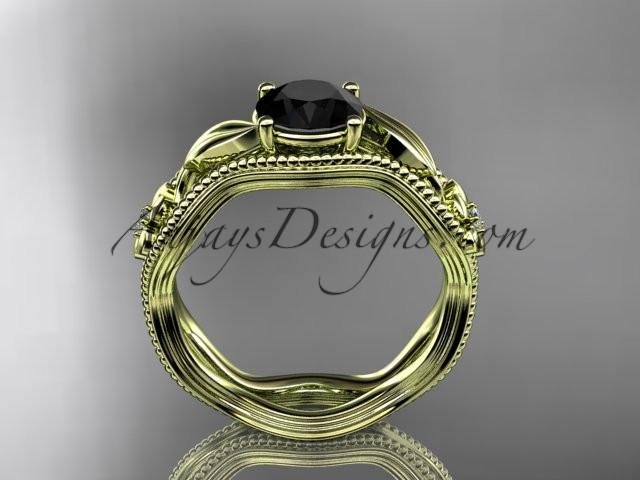 14k yellow gold leaf and flower diamond unique engagement ring with a Black Diamond center stone ADLR382 - AnjaysDesigns