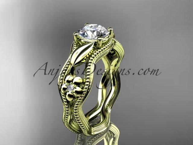 14k yellow gold leaf and flower diamond unique engagement ring with a "Forever One" Moissanite center stone ADLR382 - AnjaysDesigns