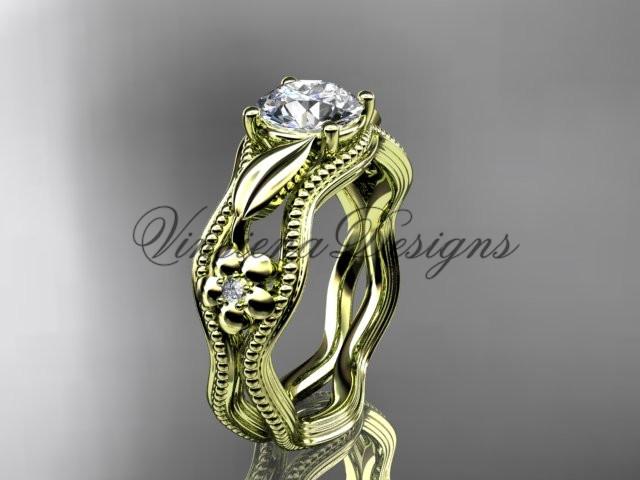 14k yellow gold leaf and flower diamond unique engagement ring ADLR382