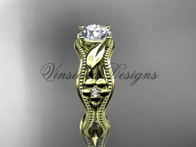 14k yellow gold leaf, flower diamond unique engagement ring Moissanite ADLR382