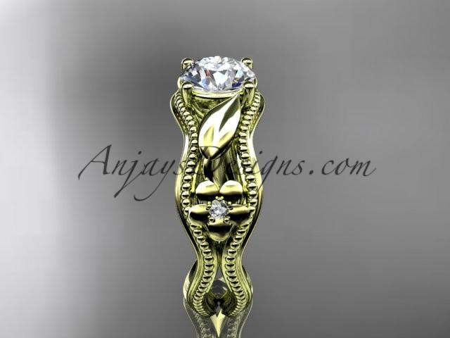 14k yellow gold leaf and flower diamond unique engagement ring with a "Forever One" Moissanite center stone ADLR382 - AnjaysDesigns