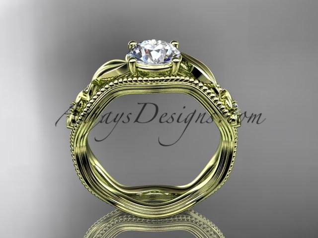 14k yellow gold leaf and flower diamond unique engagement ring with a "Forever One" Moissanite center stone ADLR382 - AnjaysDesigns