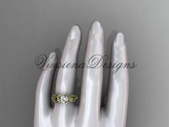 14k yellow gold leaf, flower diamond unique engagement ring Moissanite ADLR382
