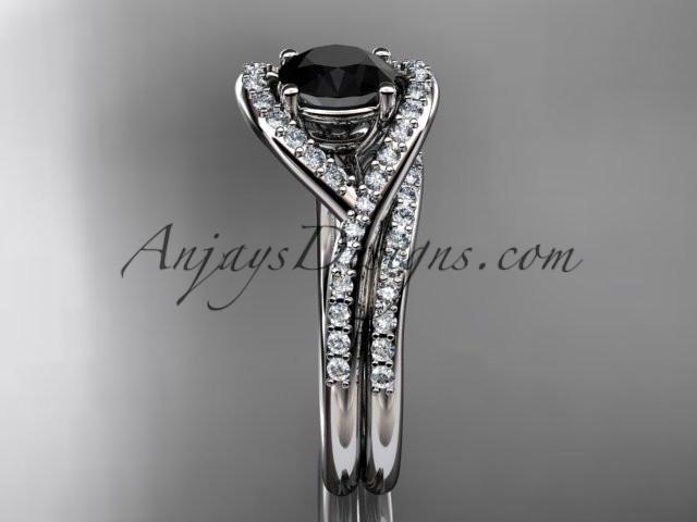 platinum diamond wedding ring, engagement set with a Black Diamond center stone ADLR383S - AnjaysDesigns