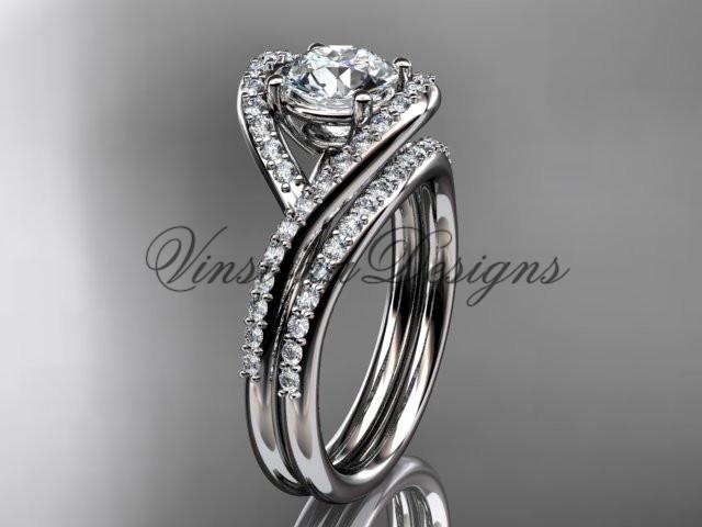 Platinum diamond wedding ring, engagement ring set, One Moissanite ADLR383S
