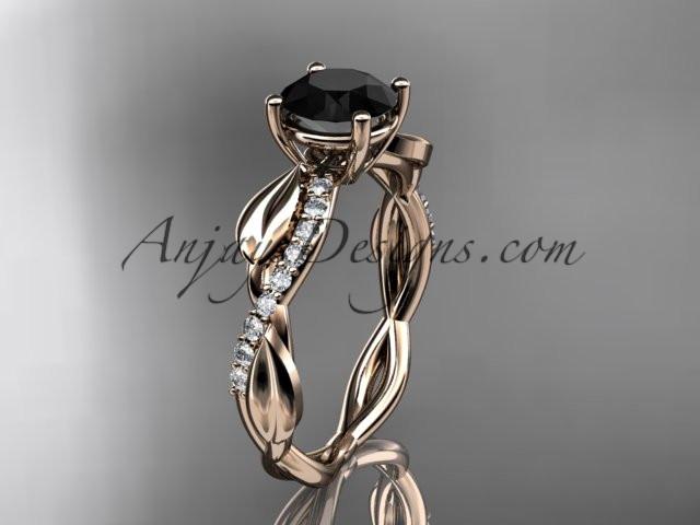14kt rose gold leaf diamond wedding ring, engagement ring with a Black Diamond center stone ADLR385 - AnjaysDesigns