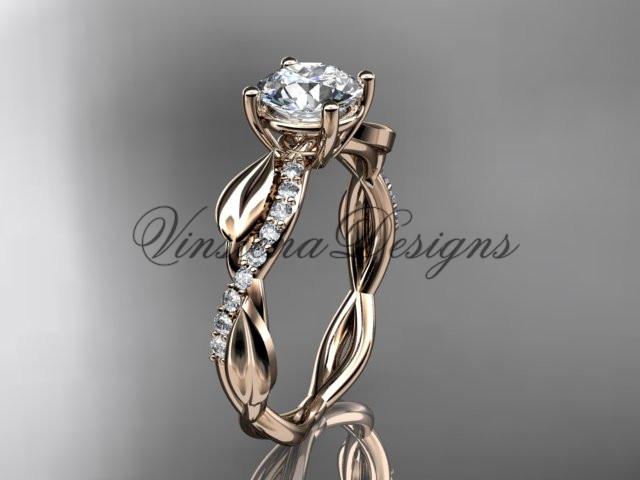 14kt rose gold leaf diamond engagement ring, "Forever One" Moissanite ADLR385