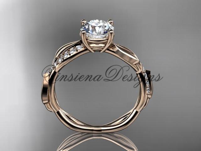 14kt rose gold leaf diamond engagement ring, "Forever One" Moissanite ADLR385