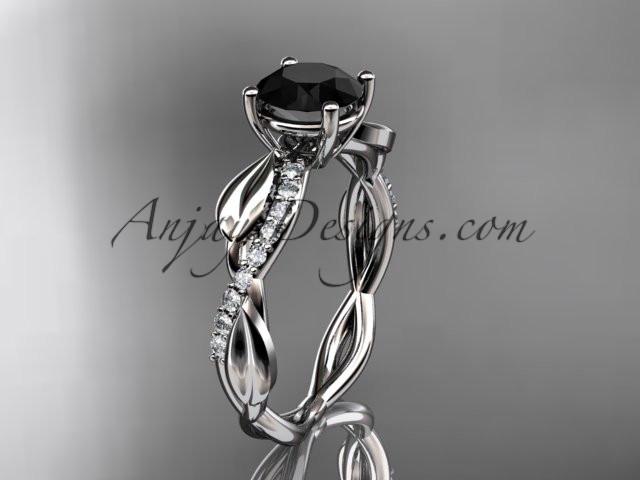 14kt white gold leaf diamond wedding ring, engagement ring with a Black Diamond center stone ADLR385 - AnjaysDesigns