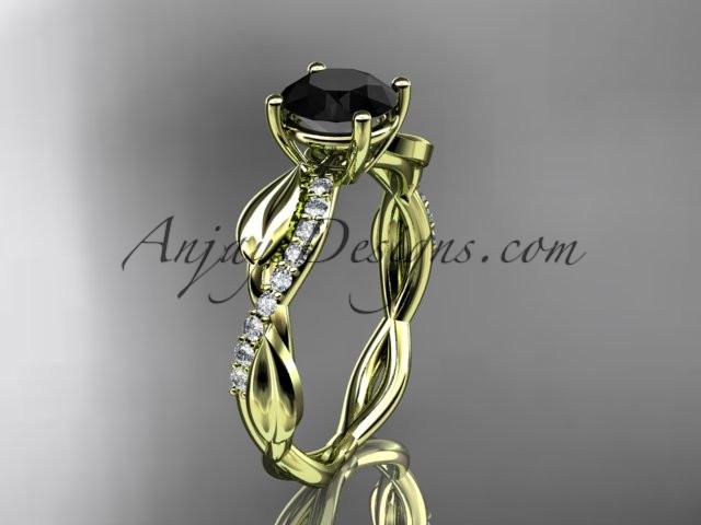 14kt yellow gold leaf diamond wedding ring, engagement ring with a Black Diamond center stone ADLR385 - AnjaysDesigns