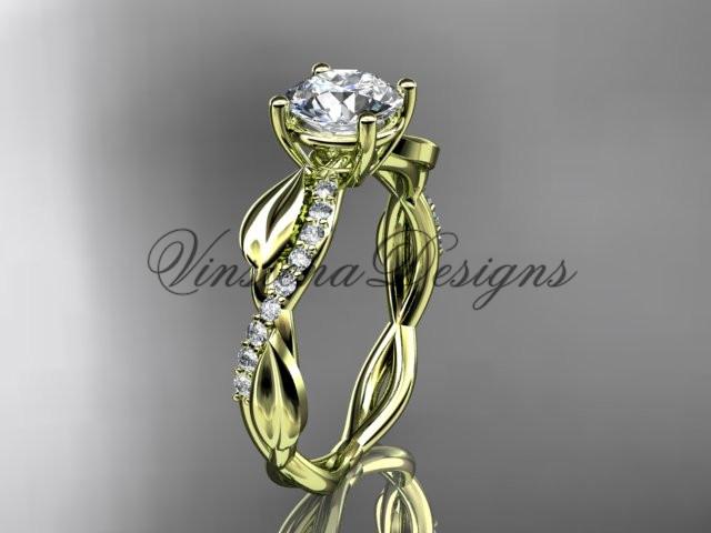 14kt yellow gold leaf diamond engagement ring, "Forever One" Moissanite ADLR385