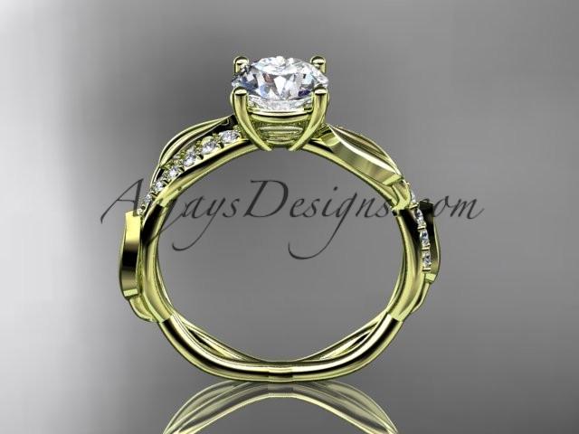 14kt yellow gold leaf diamond wedding ring, engagement ring with a "Forever One" Moissanite center stone ADLR385 - AnjaysDesigns