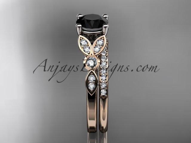 14k rose gold unique engagement set, wedding ring with a Black Diamond center stone ADLR387S - AnjaysDesigns