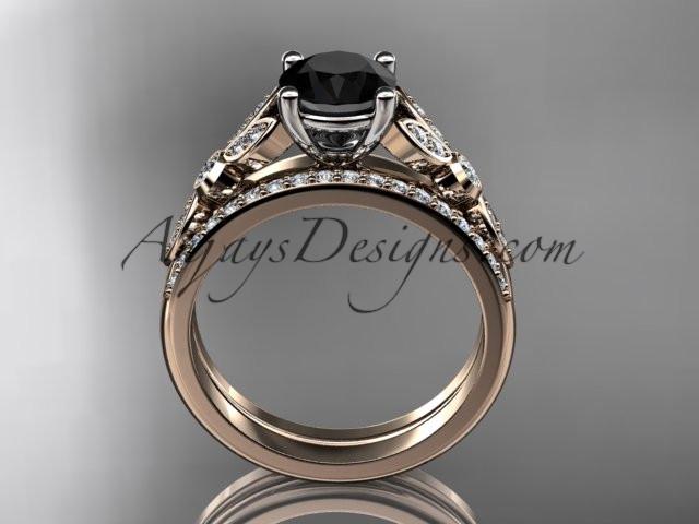 14k rose gold unique engagement set, wedding ring with a Black Diamond center stone ADLR387S - AnjaysDesigns