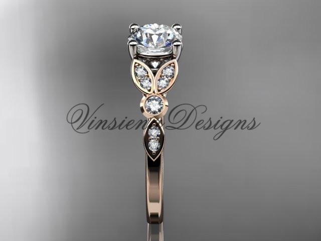 14k rose gold unique engagement ring, wedding ring with a Moissanite ADLR387