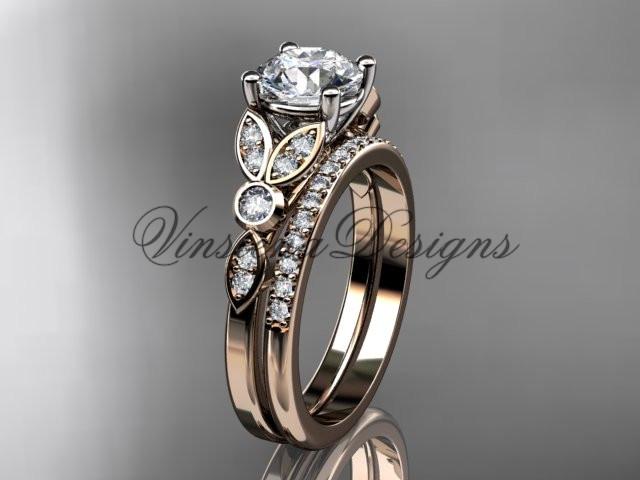 14k rose gold diamond engagement ring set, wedding ring, Moissanite ADLR387S