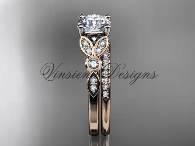 14k rose gold diamond engagement ring set, wedding ring, Moissanite ADLR387S