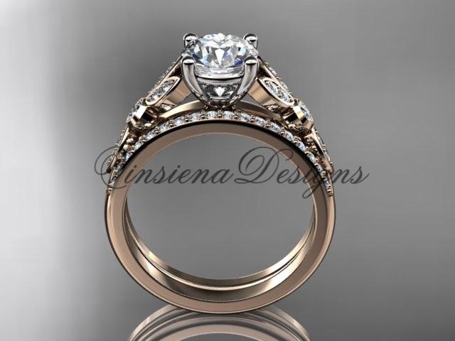 14k rose gold diamond engagement ring set, wedding ring, Moissanite ADLR387S