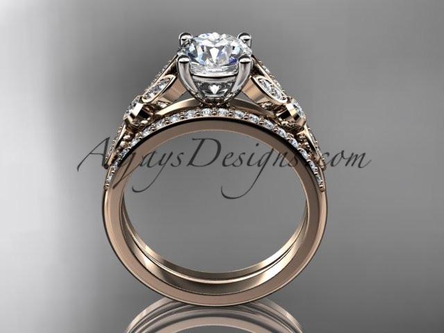 14k rose gold unique engagement set, wedding ring with a "Forever One" Moissanite center stone ADLR387S - AnjaysDesigns