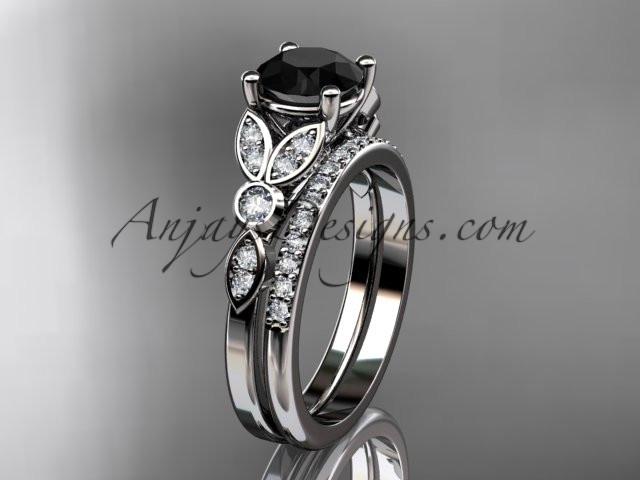 14k white gold unique engagement set, wedding ring with a Black Diamond center stone ADLR387S - AnjaysDesigns