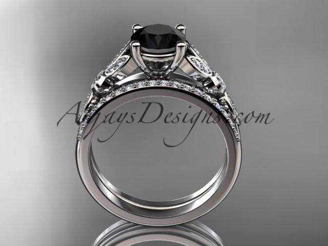 platinum unique engagement set, wedding ring with a Black Diamond center stone ADLR387S - AnjaysDesigns