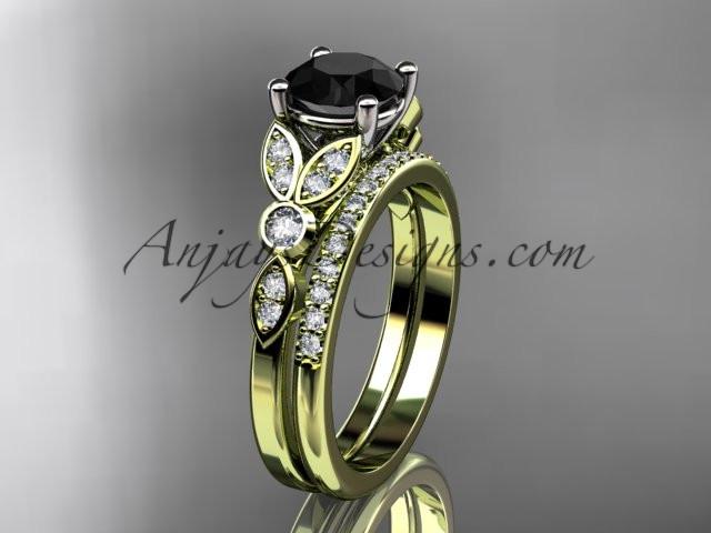 14k yellow gold unique engagement set, wedding ring with a Black Diamond center stone ADLR387S - AnjaysDesigns