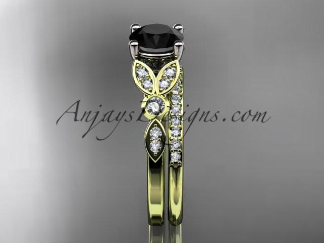 14k yellow gold unique engagement set, wedding ring with a Black Diamond center stone ADLR387S - AnjaysDesigns