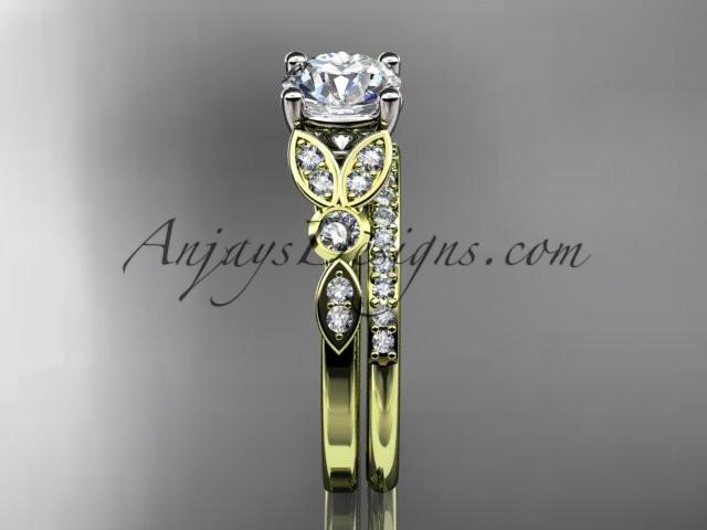 14k yellow gold unique engagement set, wedding ring with a "Forever One" Moissanite center stone ADLR387S - AnjaysDesigns