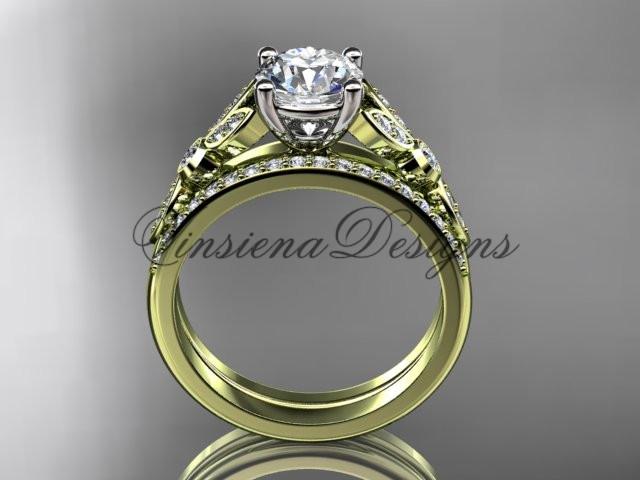 14k yellow gold diamond unique engagement ring set, wedding ring ADLR387S