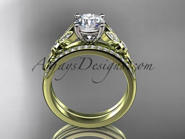 14k yellow gold unique engagement set, wedding ring with a "Forever One" Moissanite center stone ADLR387S - AnjaysDesigns