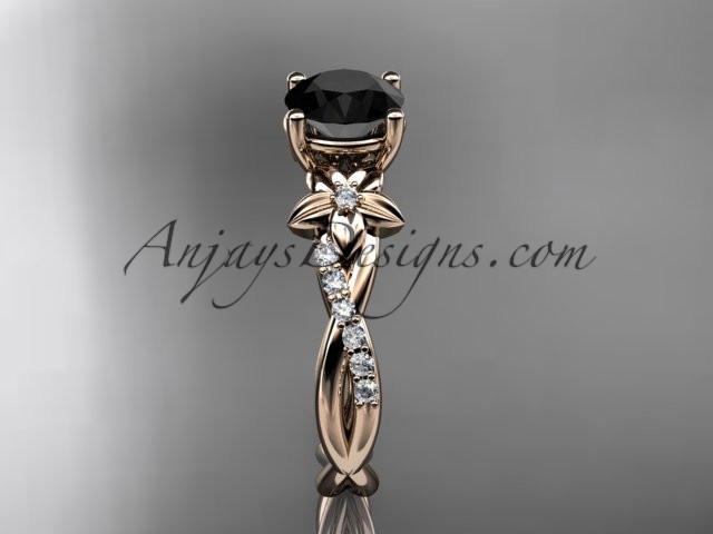 14kt rose gold flower diamond wedding ring, engagement ring with a Black Diamond center stone ADLR388 - AnjaysDesigns