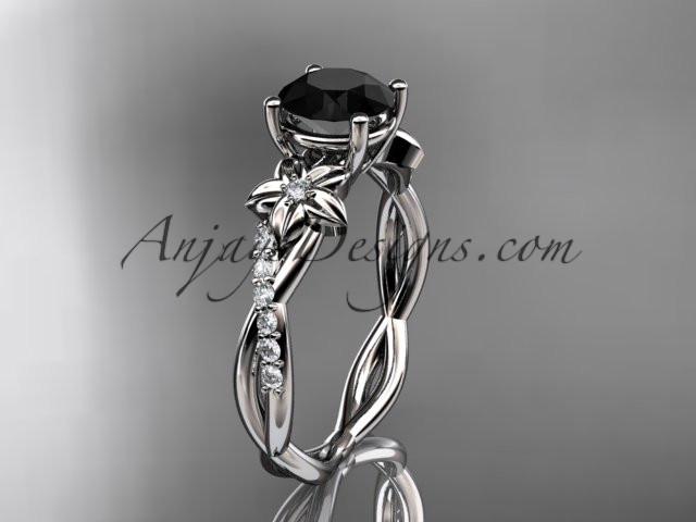 14kt white gold flower diamond wedding ring, engagement ring with a Black Diamond center stone ADLR388 - AnjaysDesigns